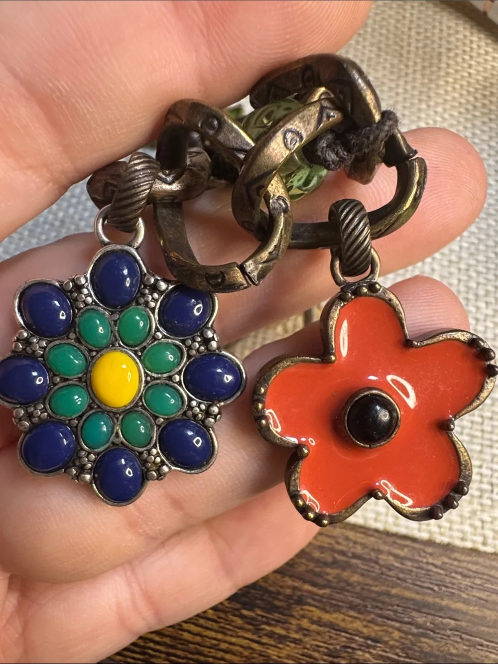 Vintage Lucky Brand Chunky Charm Bracelet, Y2K Boho Enamel Flower & Peace